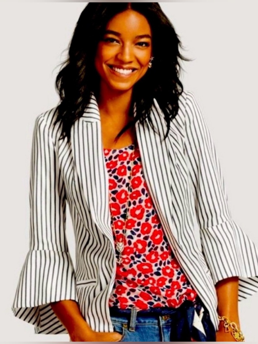 CAbi #5295 NAVY/WHITE Striped Single Button Blazer With Flounce Sleeves, Size 2